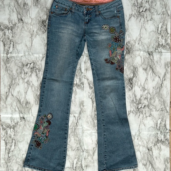 Zana Di Denim - Zana Di Jeans | juniors sizing 3 low rise Y2K 90s flare jeans embroidered pearls